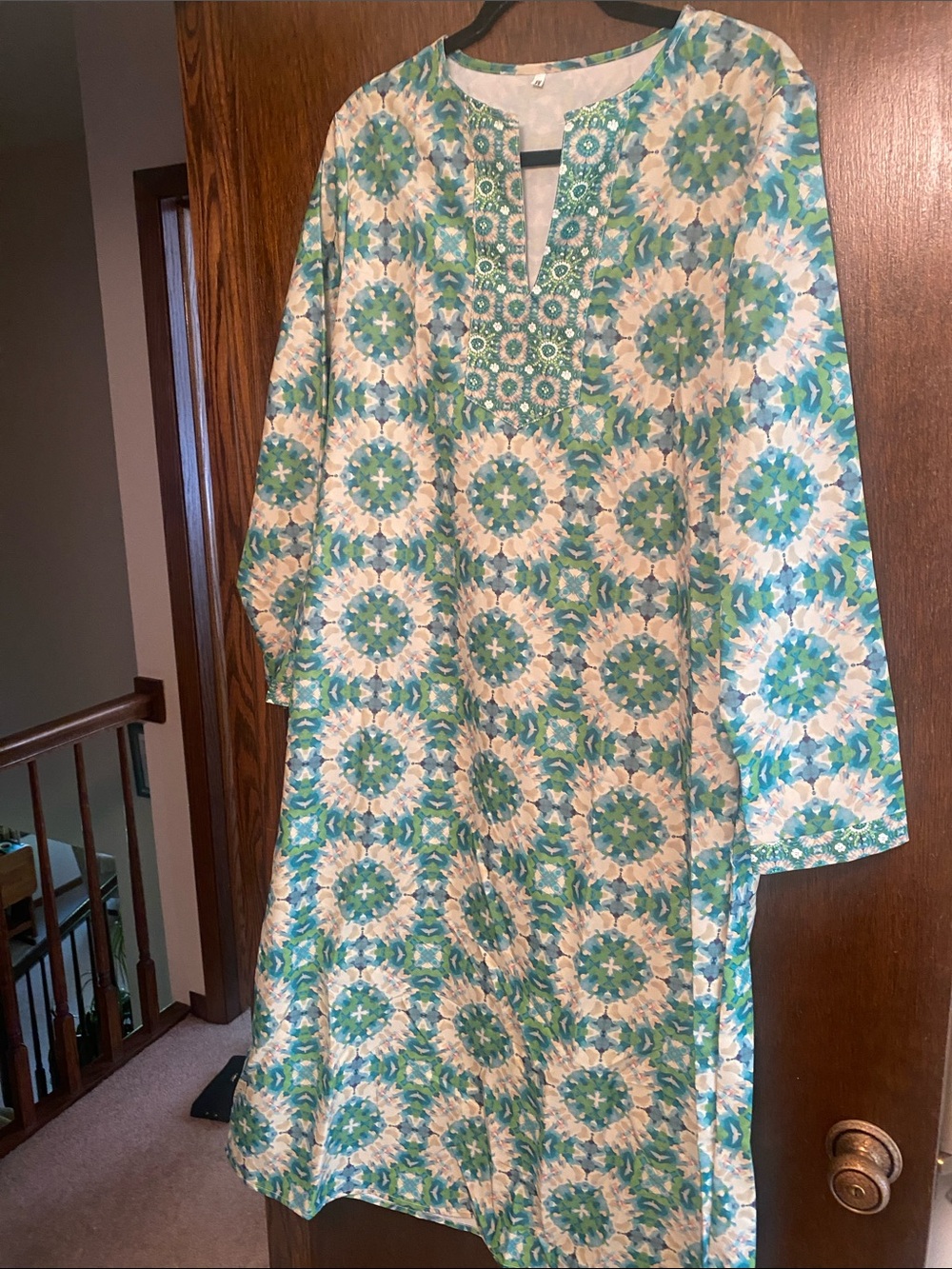 Women’s Green & White Printed maxi Tunic Dress